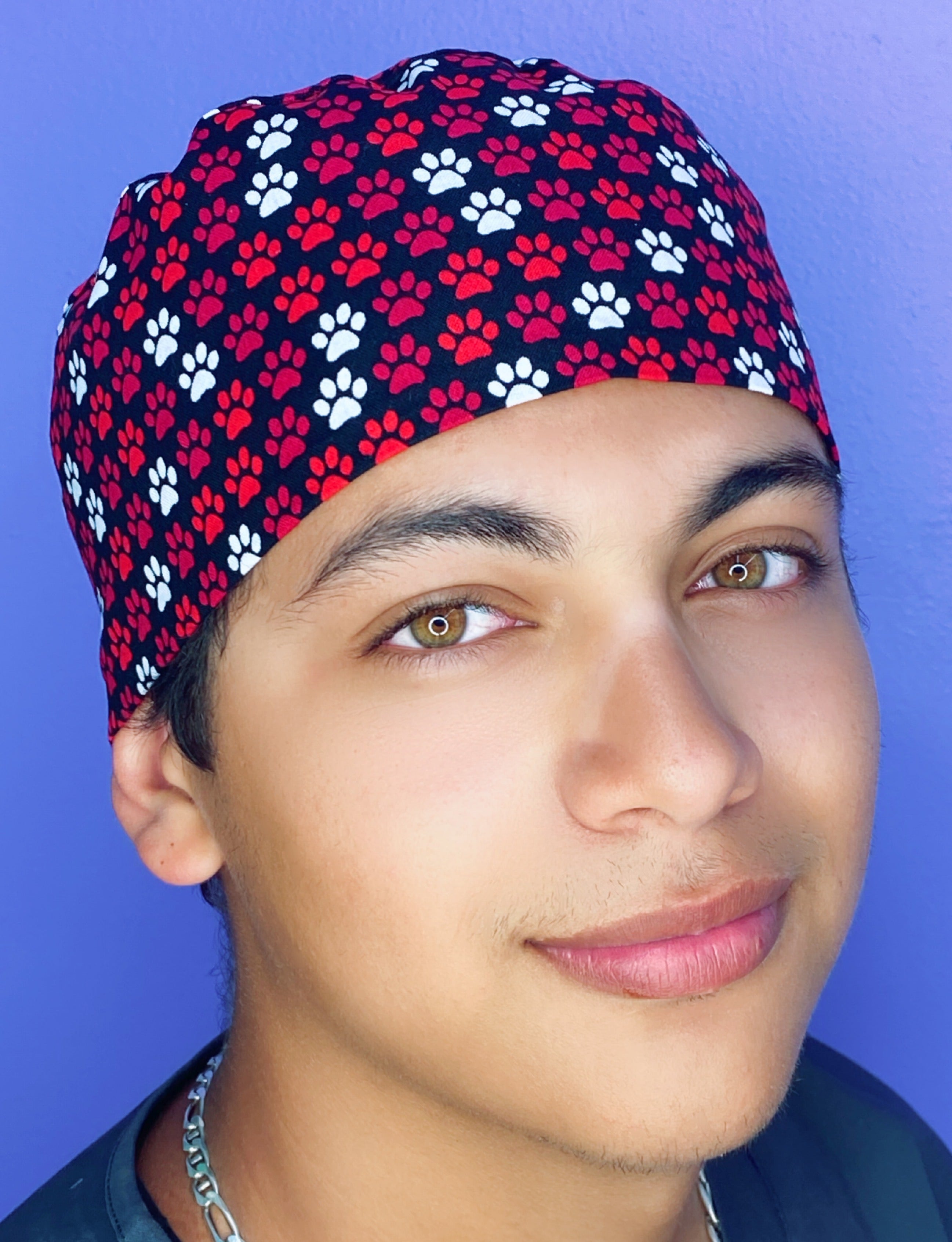 Red, Black & White Paws Dog Themed Unisex Animal Scrub Cap