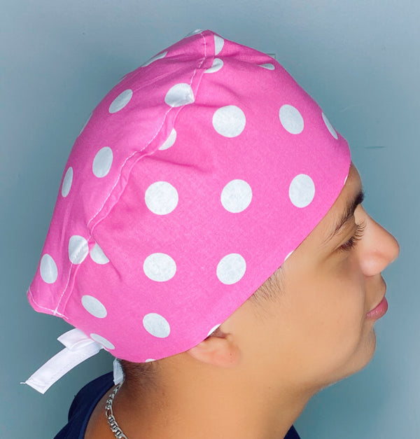 Big White Polka Dots on Pink Unisex Fancy Scrub Cap