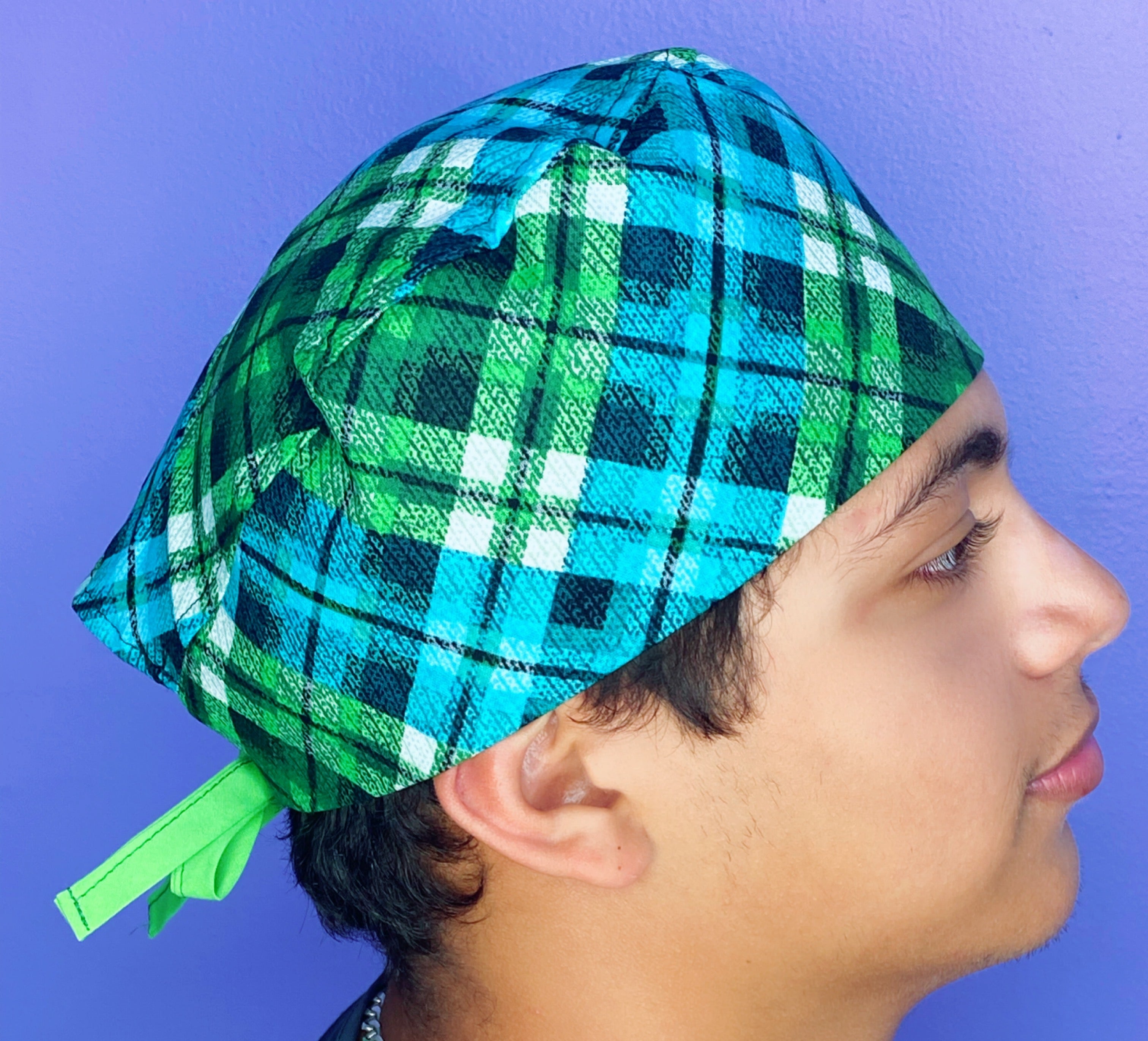 Green Blue Plaid Design Unisex Fancy Scrub Cap