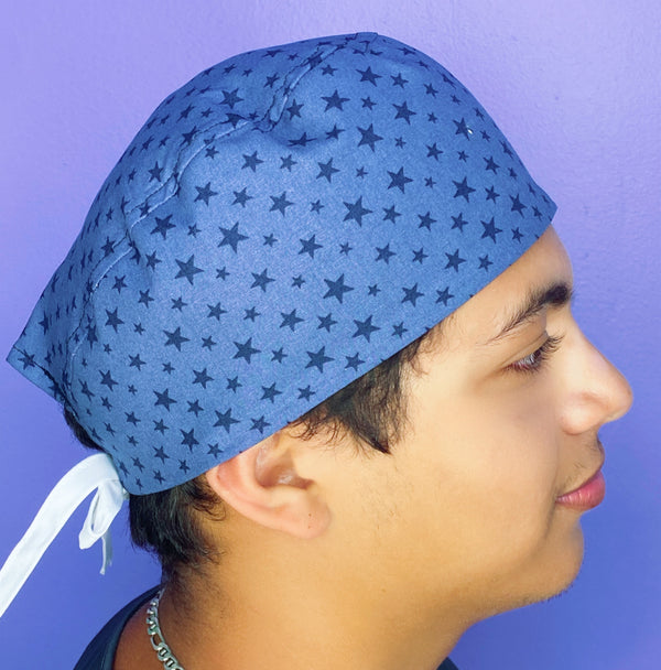 Navy Stars on Blue Unisex Fancy Scrub Cap