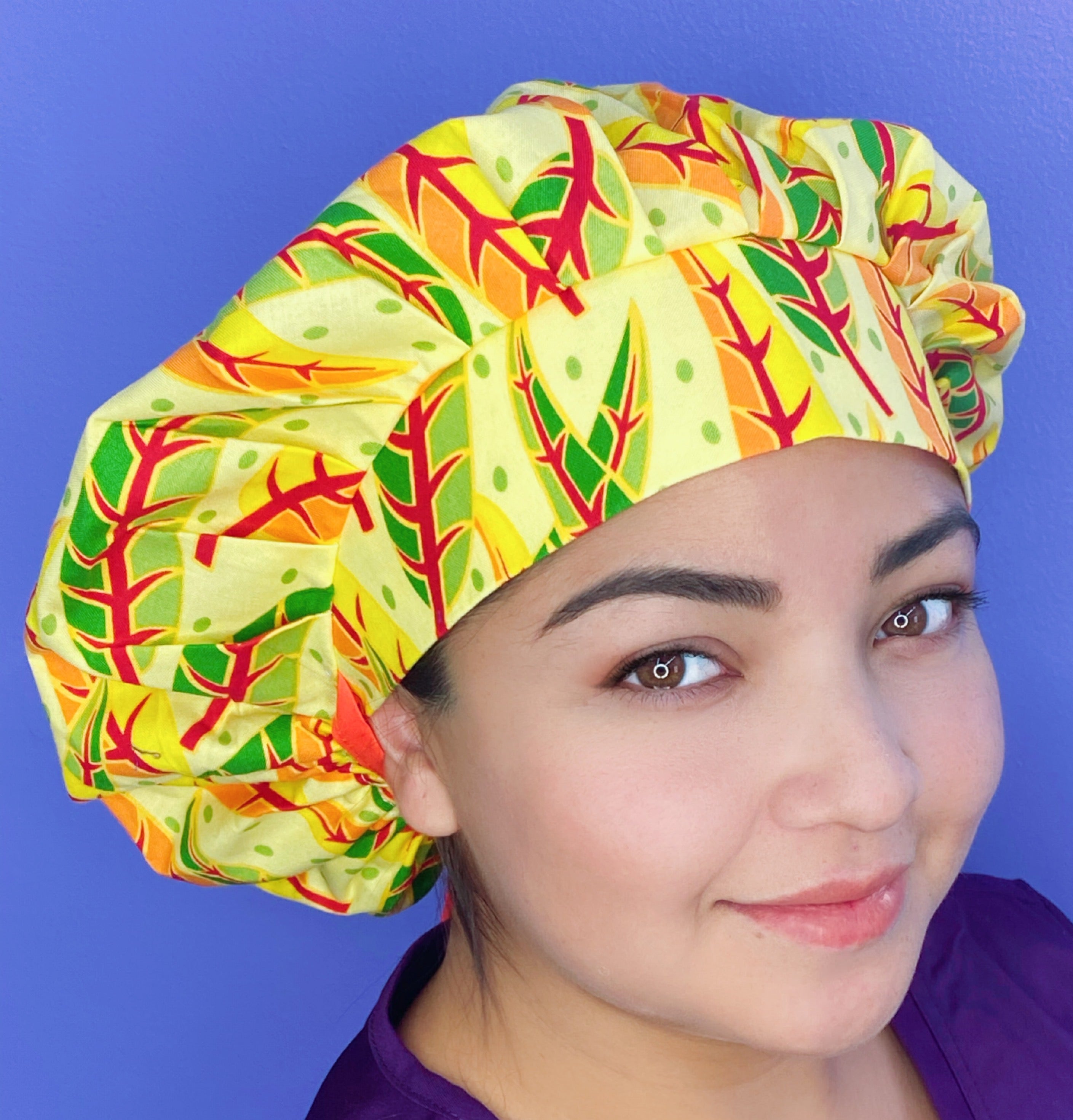 Orange Green Leaves Yellow Floral Bouffant