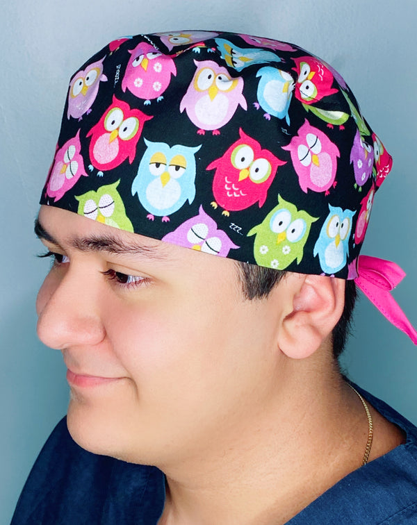 Colorful Sleeping Owls on Black Unisex Animal Scrub Cap