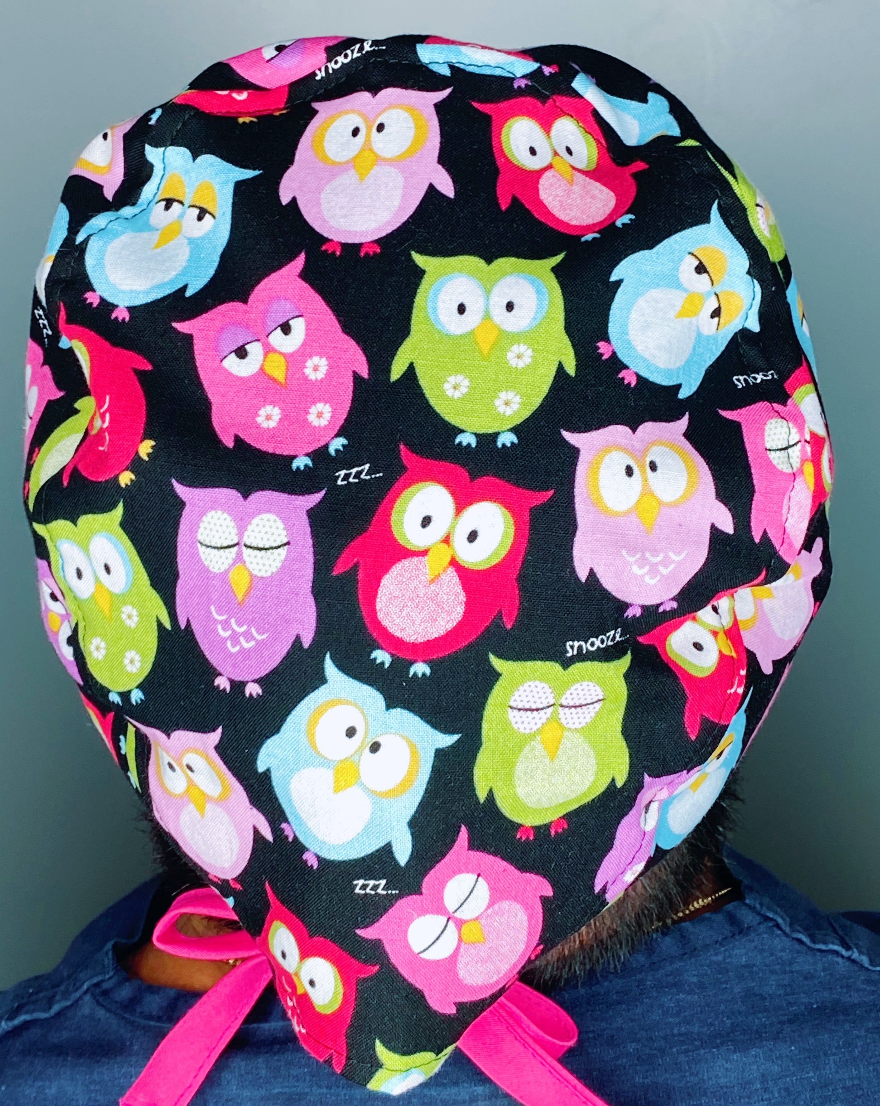 Colorful Sleeping Owls on Black Unisex Animal Scrub Cap