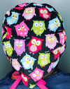 Colorful Sleeping Owls on Black Unisex Animal Scrub Cap