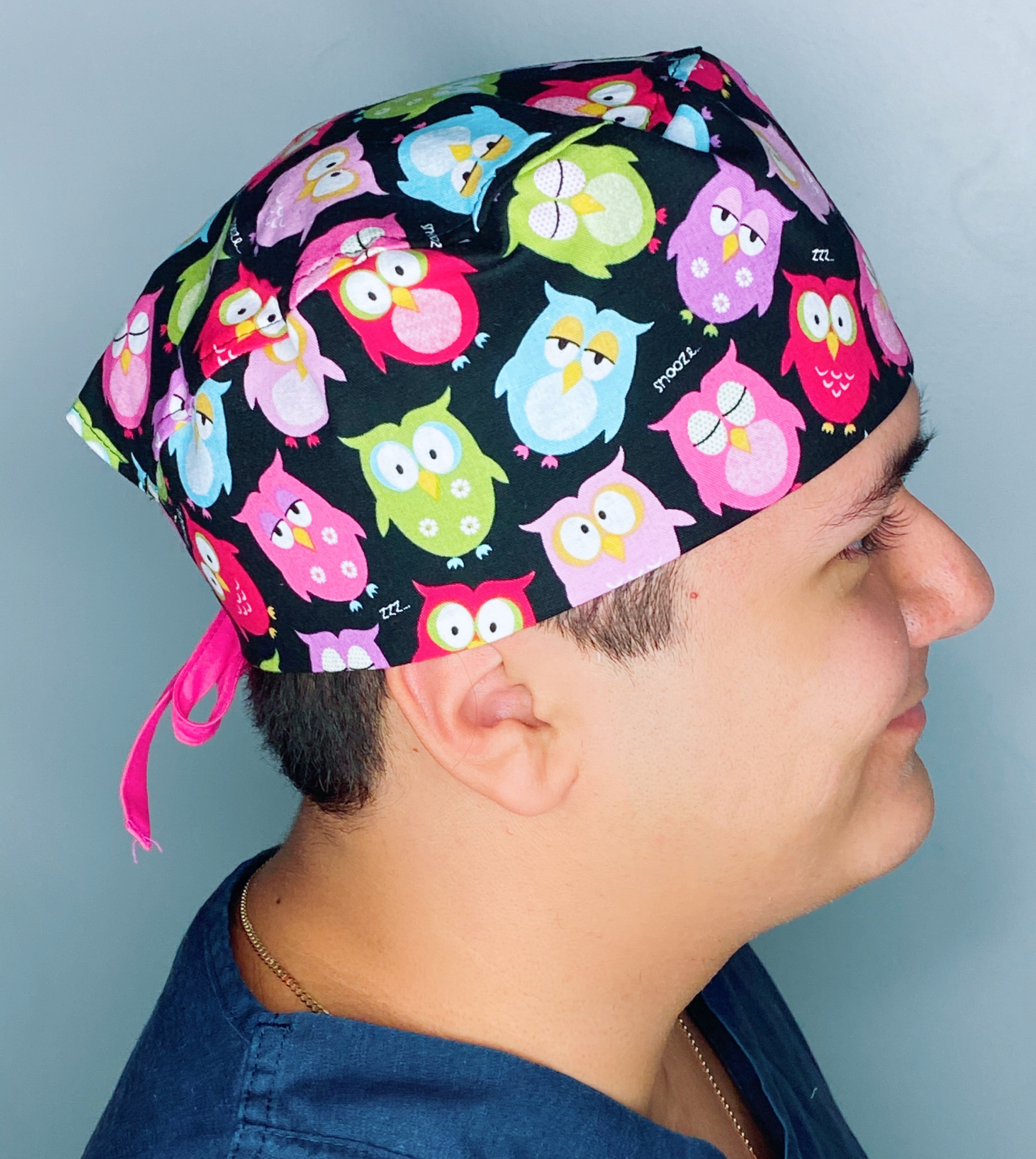 Colorful Sleeping Owls on Black Unisex Animal Scrub Cap