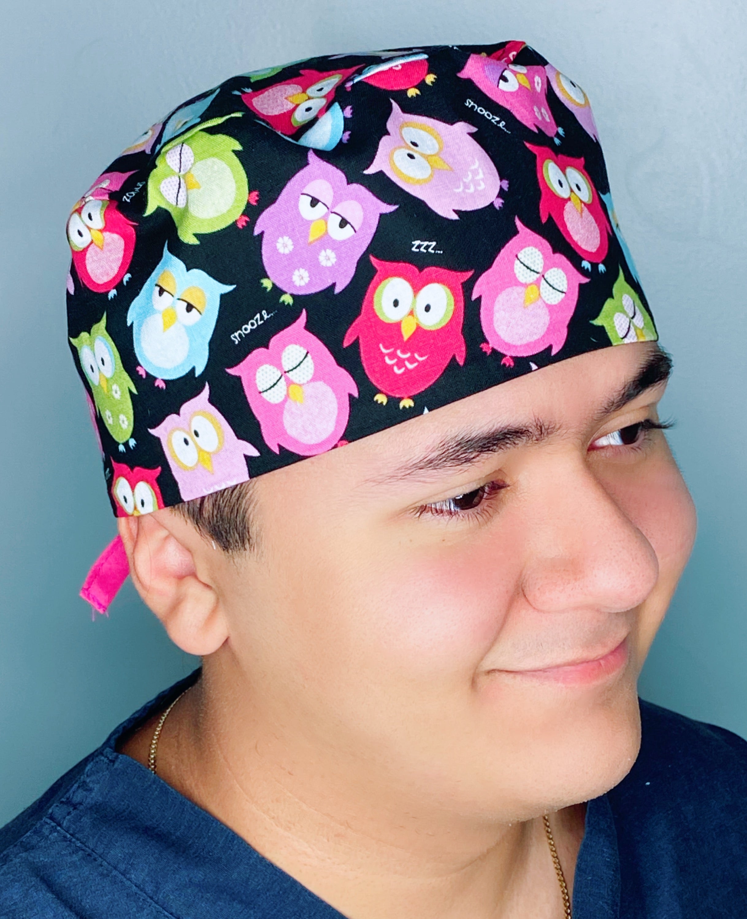 Colorful Sleeping Owls on Black Unisex Animal Scrub Cap