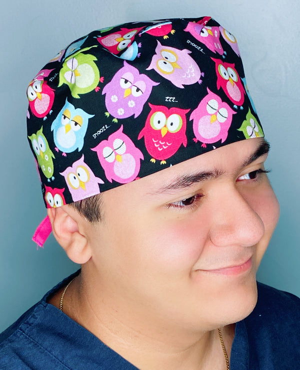 Colorful Sleeping Owls on Black Unisex Animal Scrub Cap