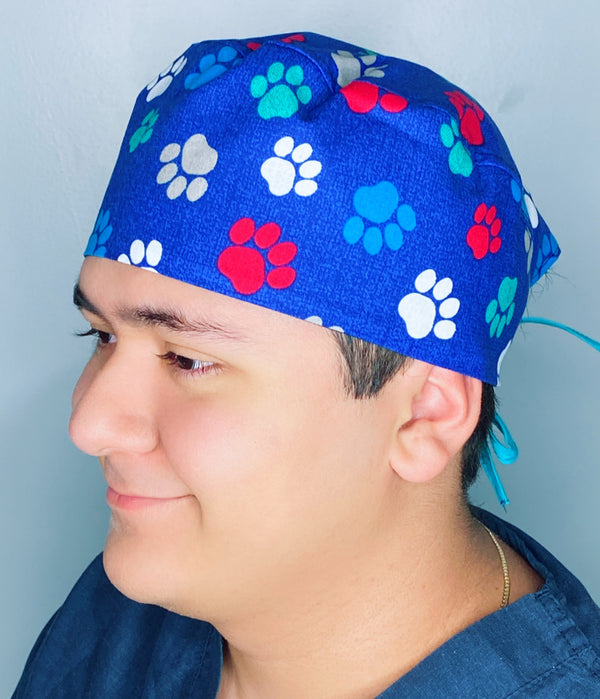 Colorful Paw Prints on Royal Blue Unisex Animal Scrub Cap