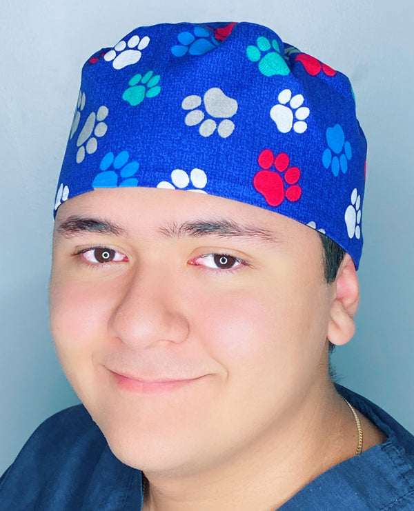 Colorful Paw Prints on Royal Blue Unisex Animal Scrub Cap
