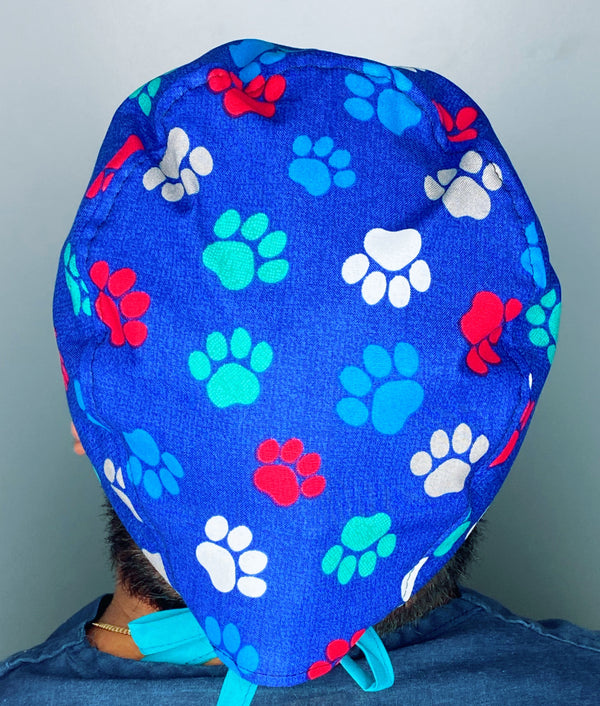 Colorful Paw Prints on Royal Blue Unisex Animal Scrub Cap