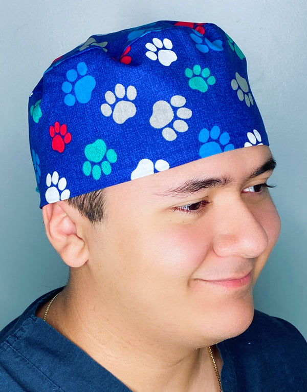 Colorful Paw Prints on Royal Blue Unisex Animal Scrub Cap
