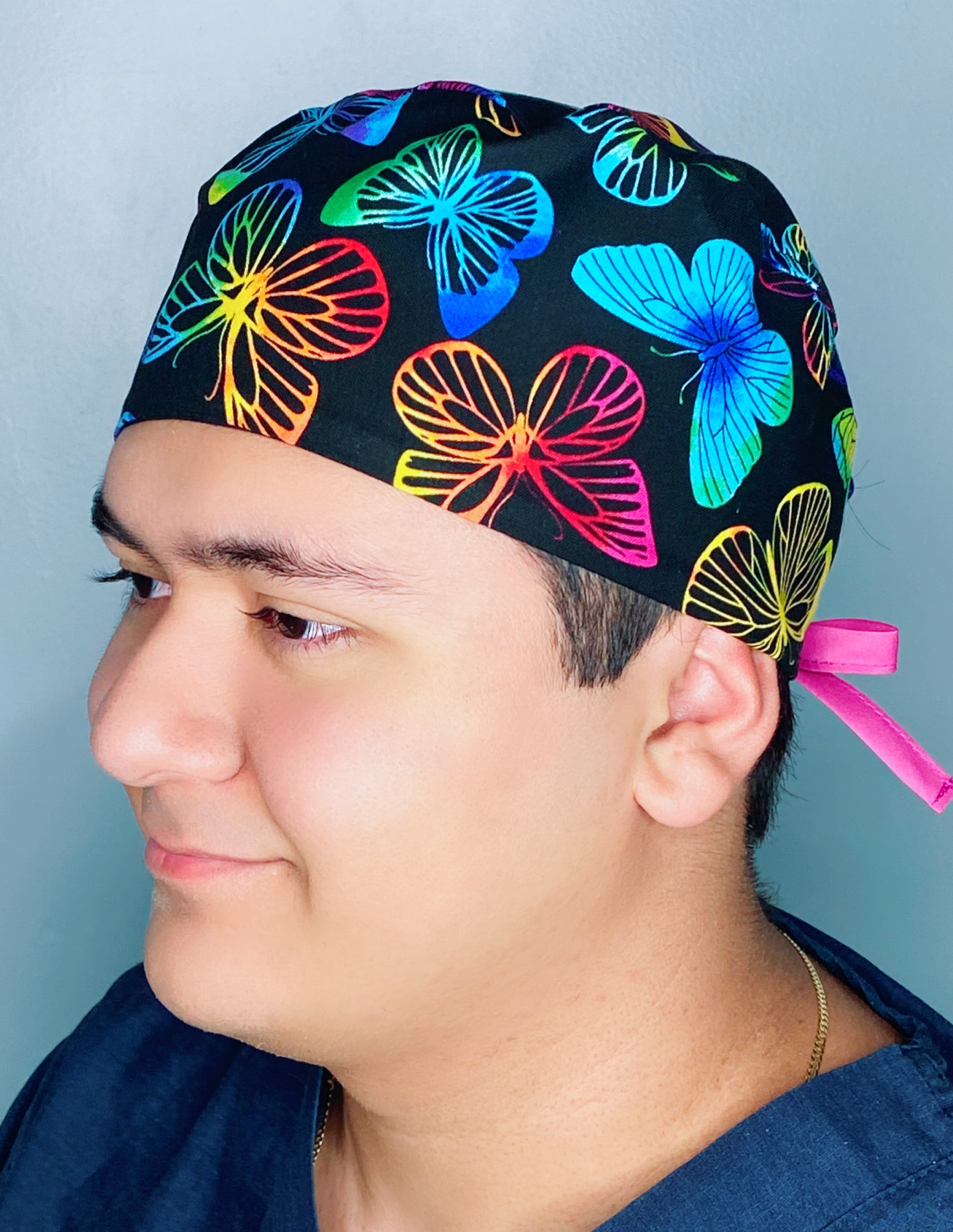Neon Colorful Butterflies on Black Unisex Animal Scrub Cap