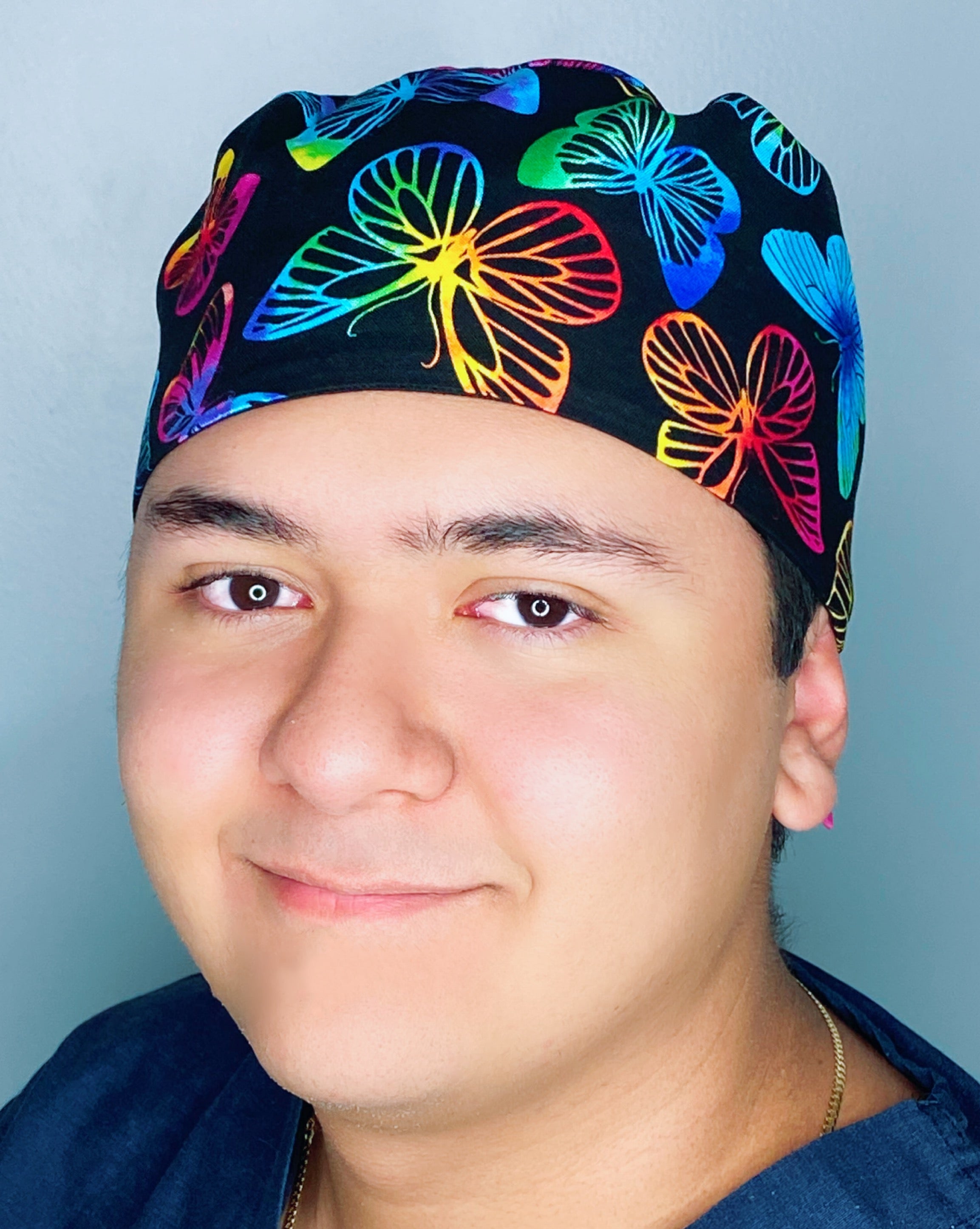 Neon Colorful Butterflies on Black Unisex Animal Scrub Cap