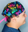 Neon Colorful Butterflies on Black Unisex Animal Scrub Cap