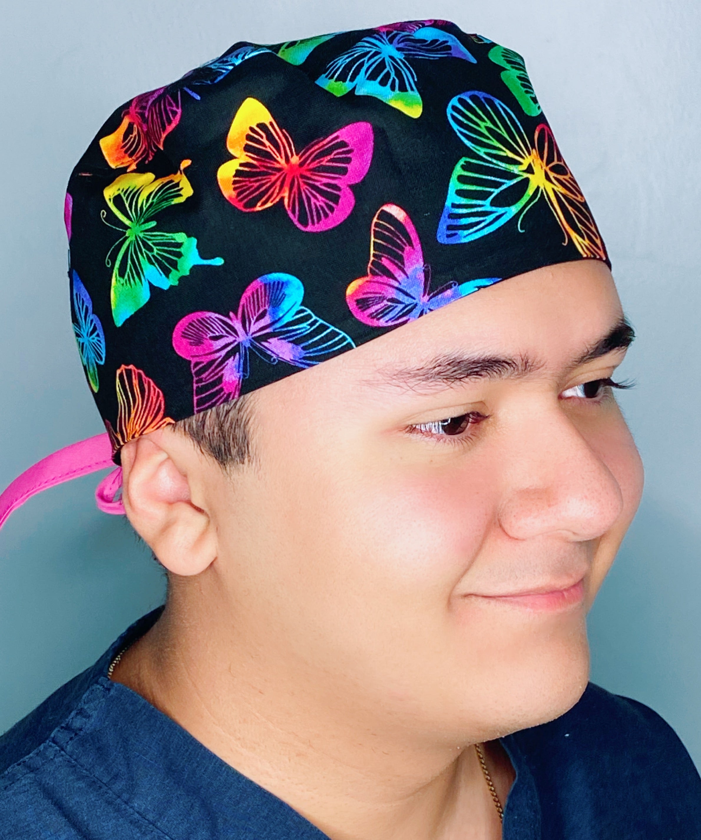 Neon Colorful Butterflies on Black Unisex Animal Scrub Cap