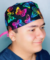 Neon Colorful Butterflies on Black Unisex Animal Scrub Cap