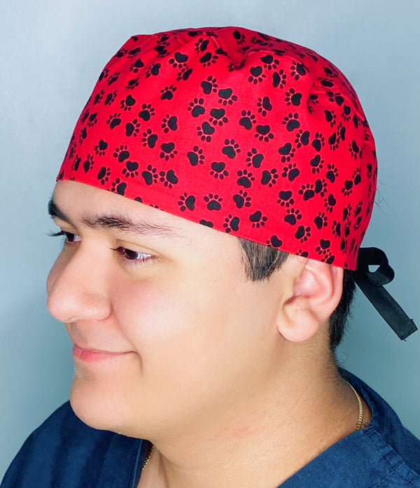 Black Paws on Red Unisex Animal Scrub Cap