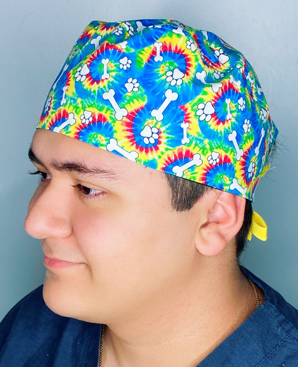 Colorful Tie Dye Treats and Paws Unisex Animal Scrub Cap