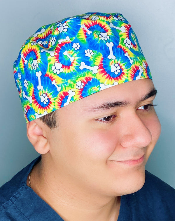 Colorful Tie Dye Treats and Paws Unisex Animal Scrub Cap
