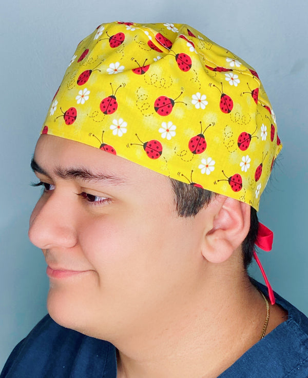 Cute Ladybugs on Yellow Unisex Animal Scrub Cap