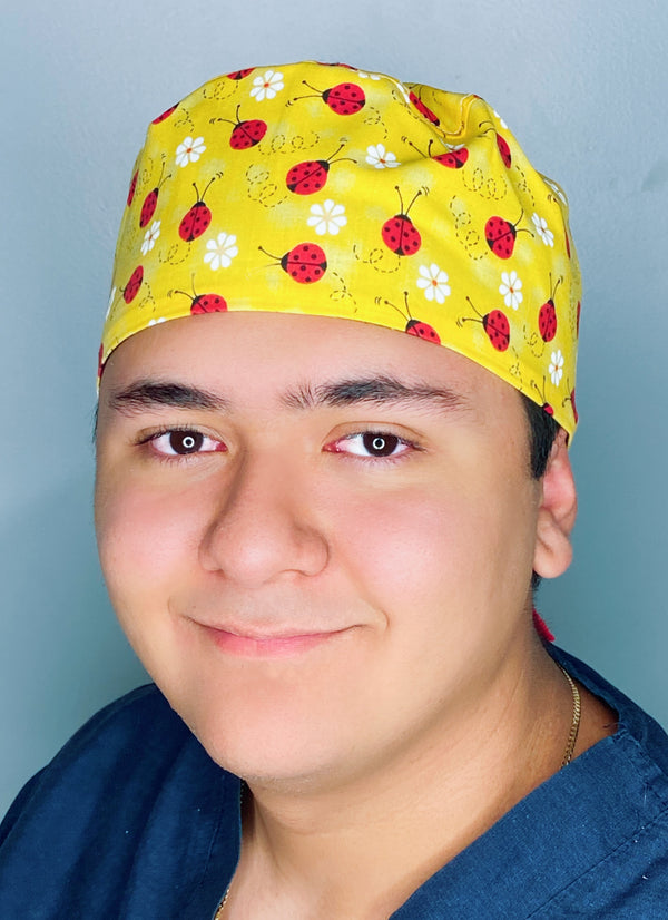 Cute Ladybugs on Yellow Unisex Animal Scrub Cap