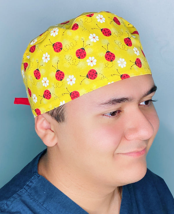 Cute Ladybugs on Yellow Unisex Animal Scrub Cap
