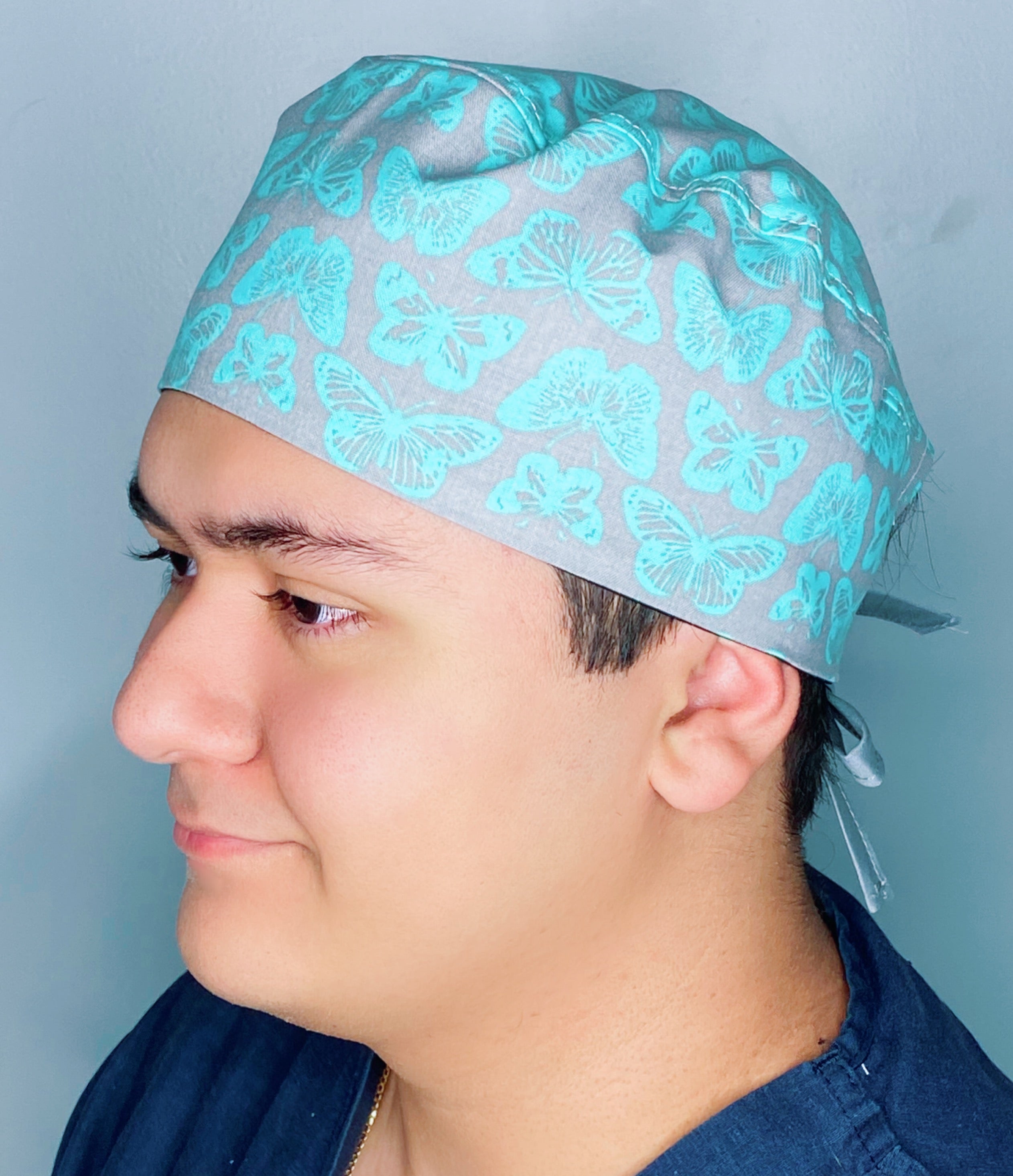 Aqua Blue Butterflies on Grey Unisex Animal Scrub Cap