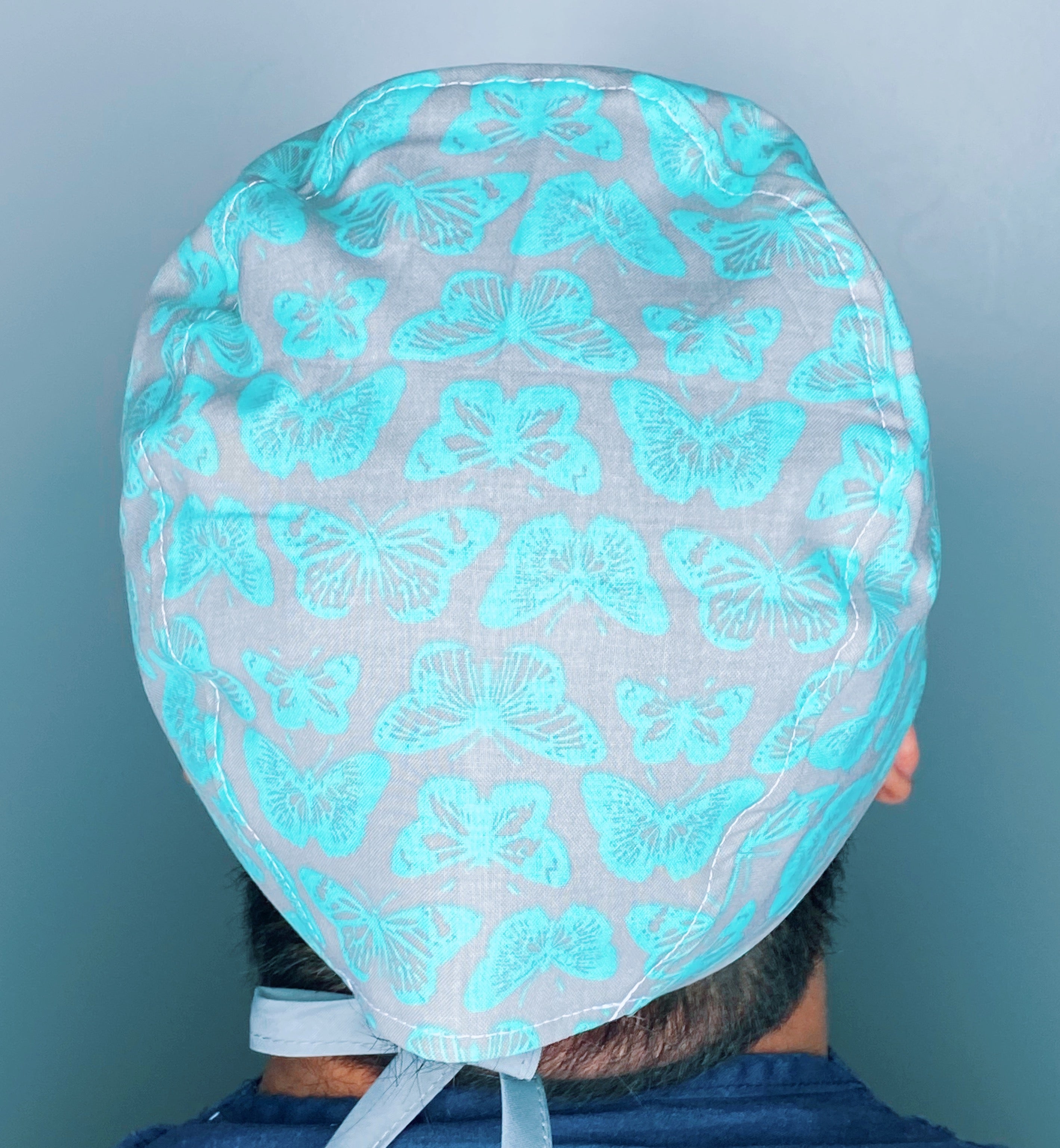 Aqua Blue Butterflies on Grey Unisex Animal Scrub Cap