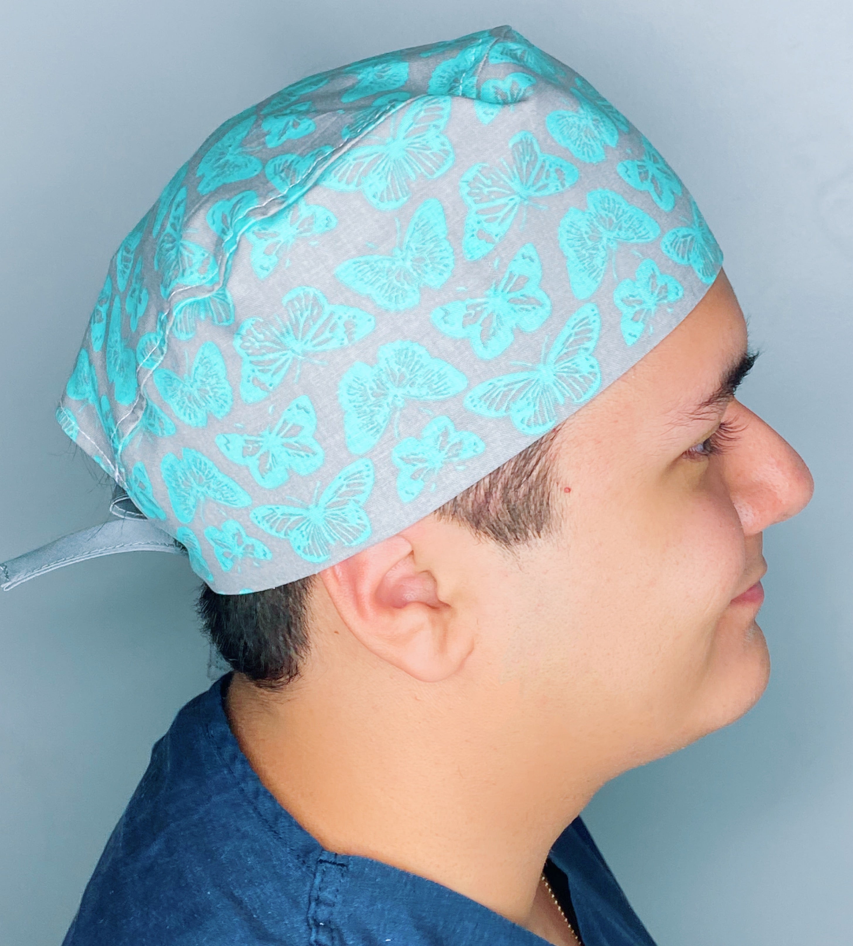 Aqua Blue Butterflies on Grey Unisex Animal Scrub Cap