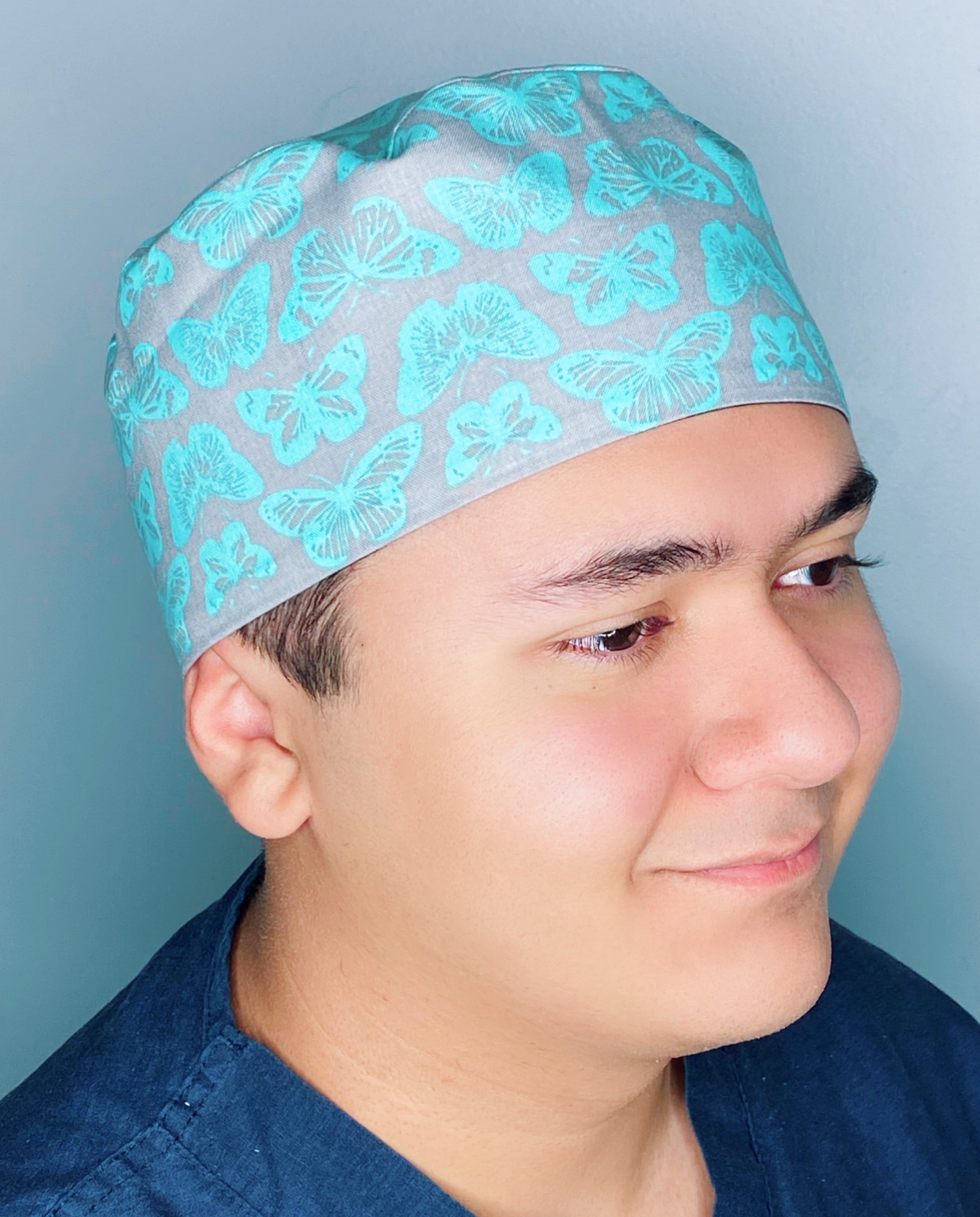 Aqua Blue Butterflies on Grey Unisex Animal Scrub Cap