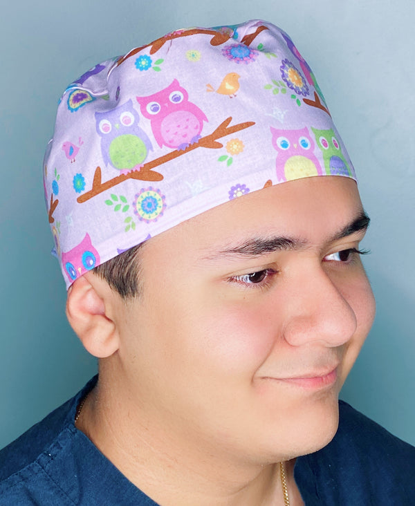 Cute Owls on Lavender Unisex Animal Scrub Cap