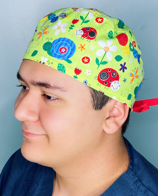 Cute Bugs on Green Unisex Animal Scrub Cap