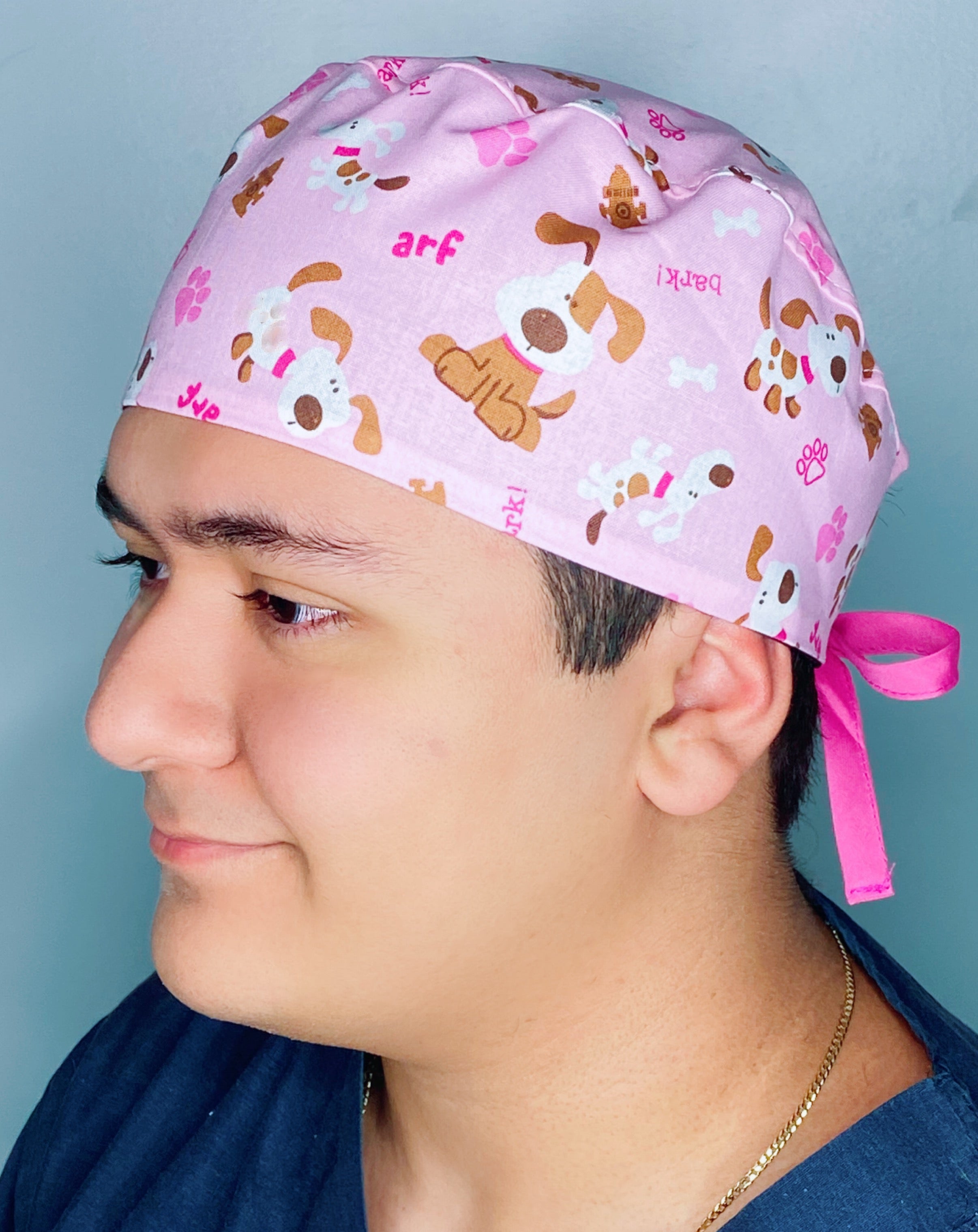 Pups Paws & Bones on Pink Unisex Animal Scrub Cap