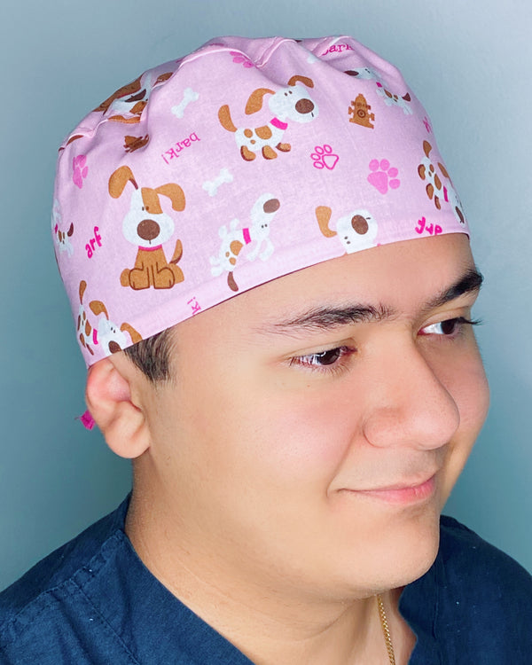 Pups Paws & Bones on Pink Unisex Animal Scrub Cap