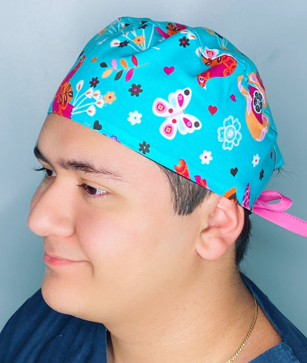 Colorful Birds & Butterflies on Turquoise Unisex Animal Scrub Cap