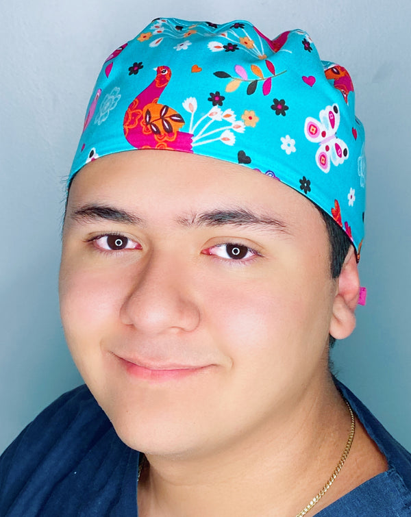 Colorful Birds & Butterflies on Turquoise Unisex Animal Scrub Cap