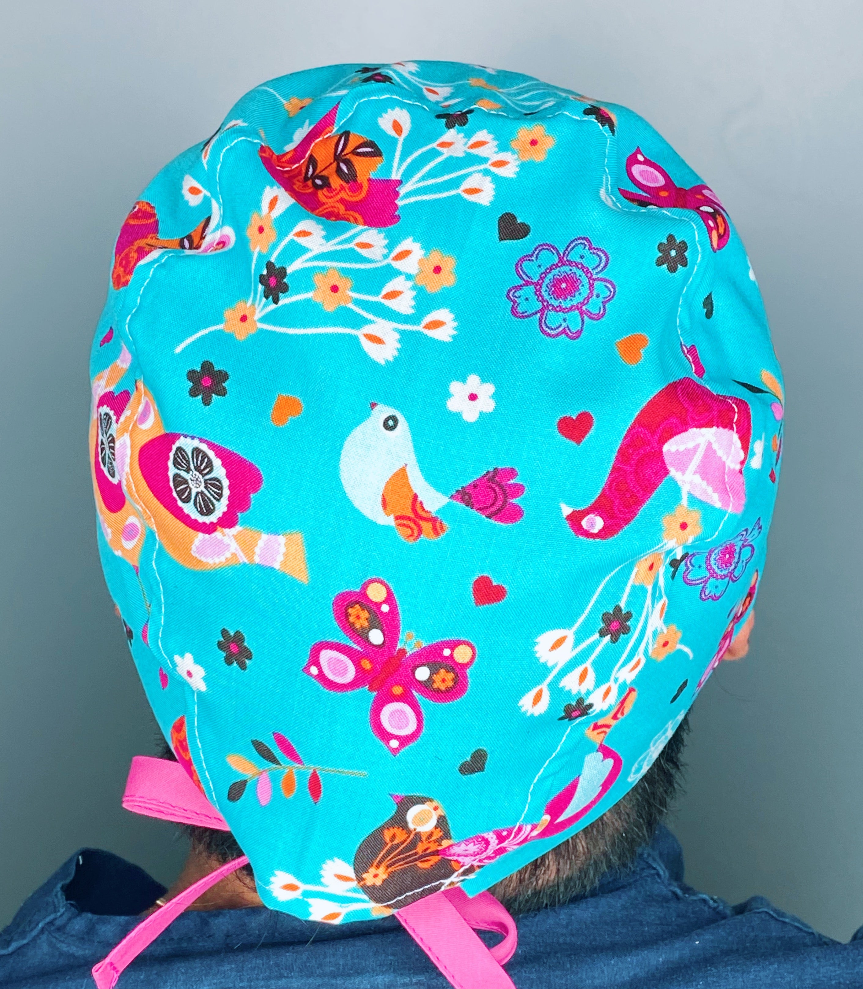 Colorful Birds & Butterflies on Turquoise Unisex Animal Scrub Cap