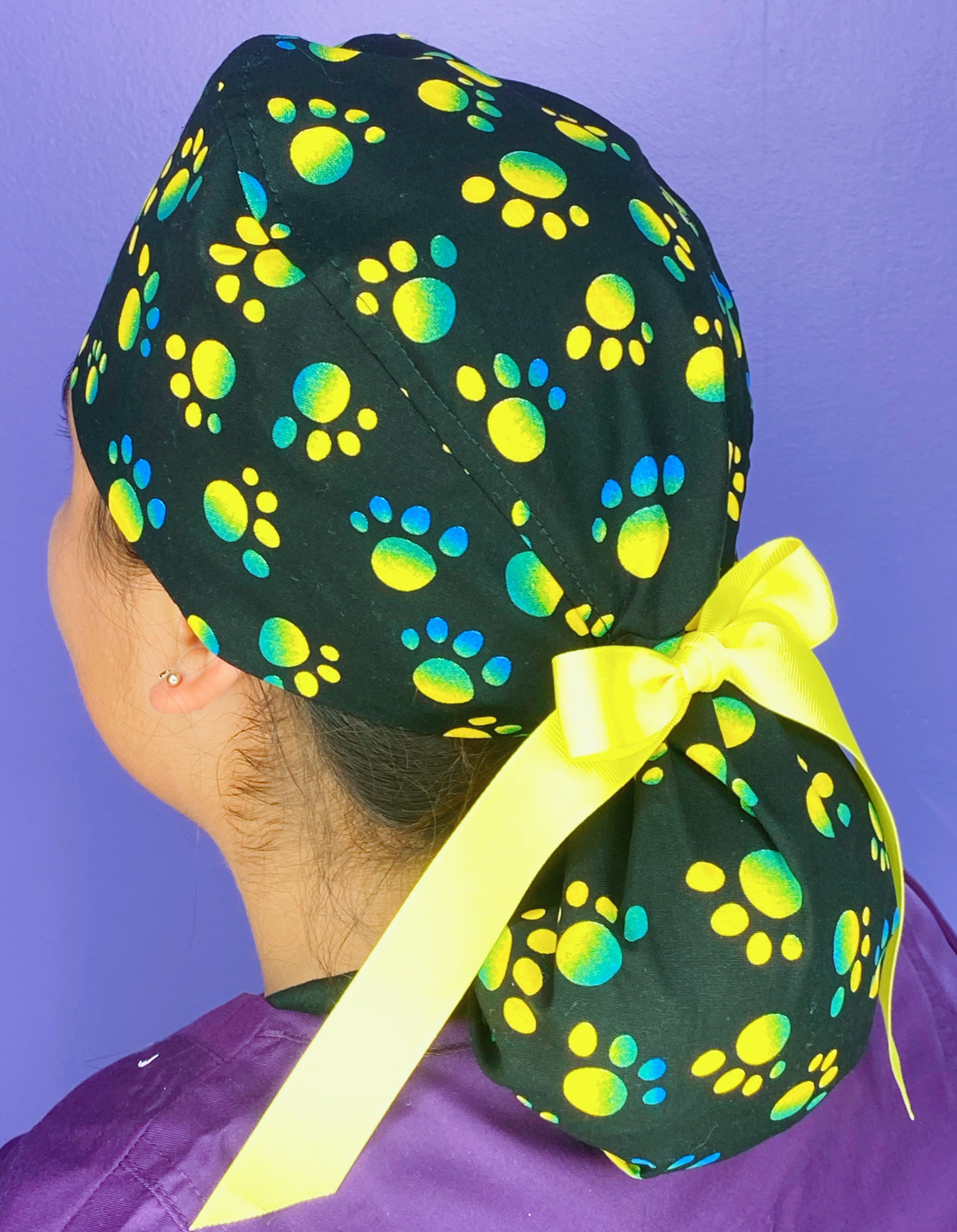 Tie Dye Green & Yellow Paw Prints on Black Animal Ponytail