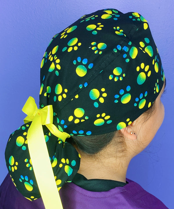 Tie Dye Green & Yellow Paw Prints on Black Animal Ponytail