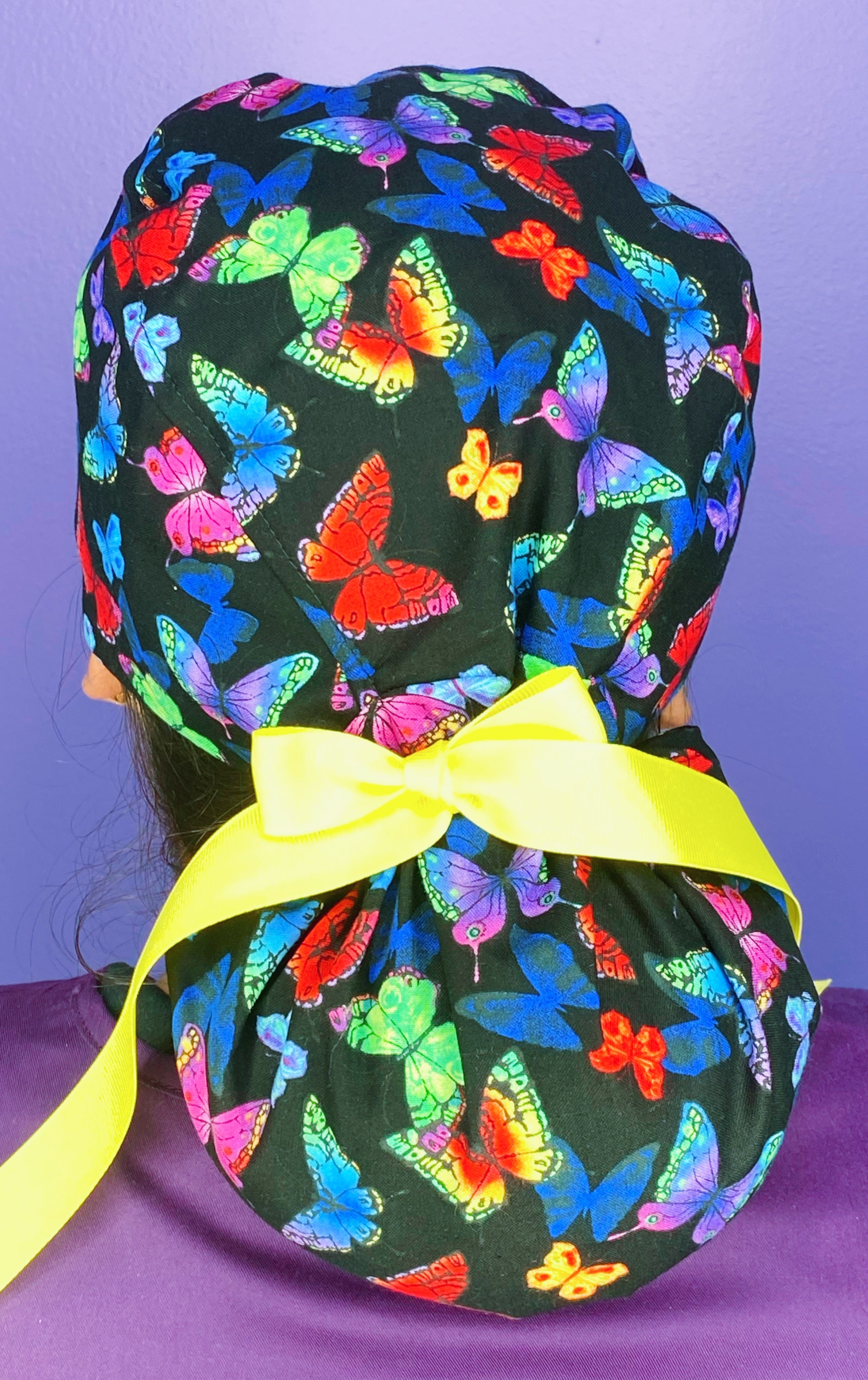 Neon Colorful Butterflies on Tropical Navy Blue Animal Ponytail