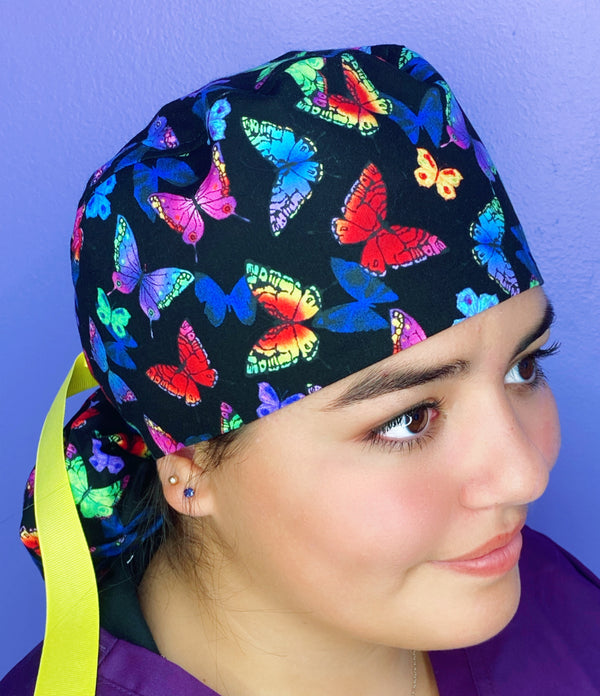 Neon Colorful Butterflies on Tropical Navy Blue Animal Ponytail