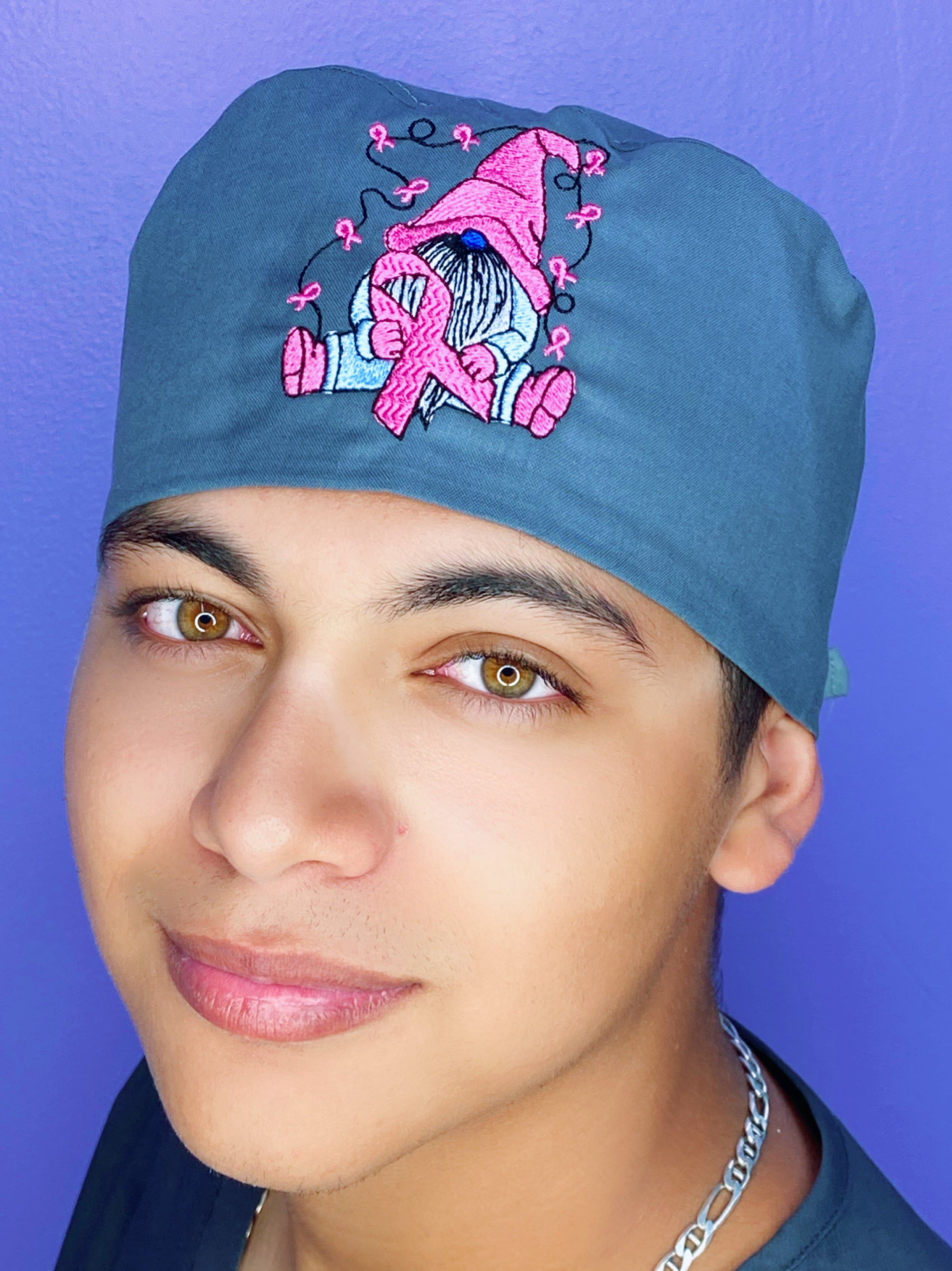 Breast Cancer Awareness Gnome Embroidered Custom Solid Color Unisex Scrub Cap