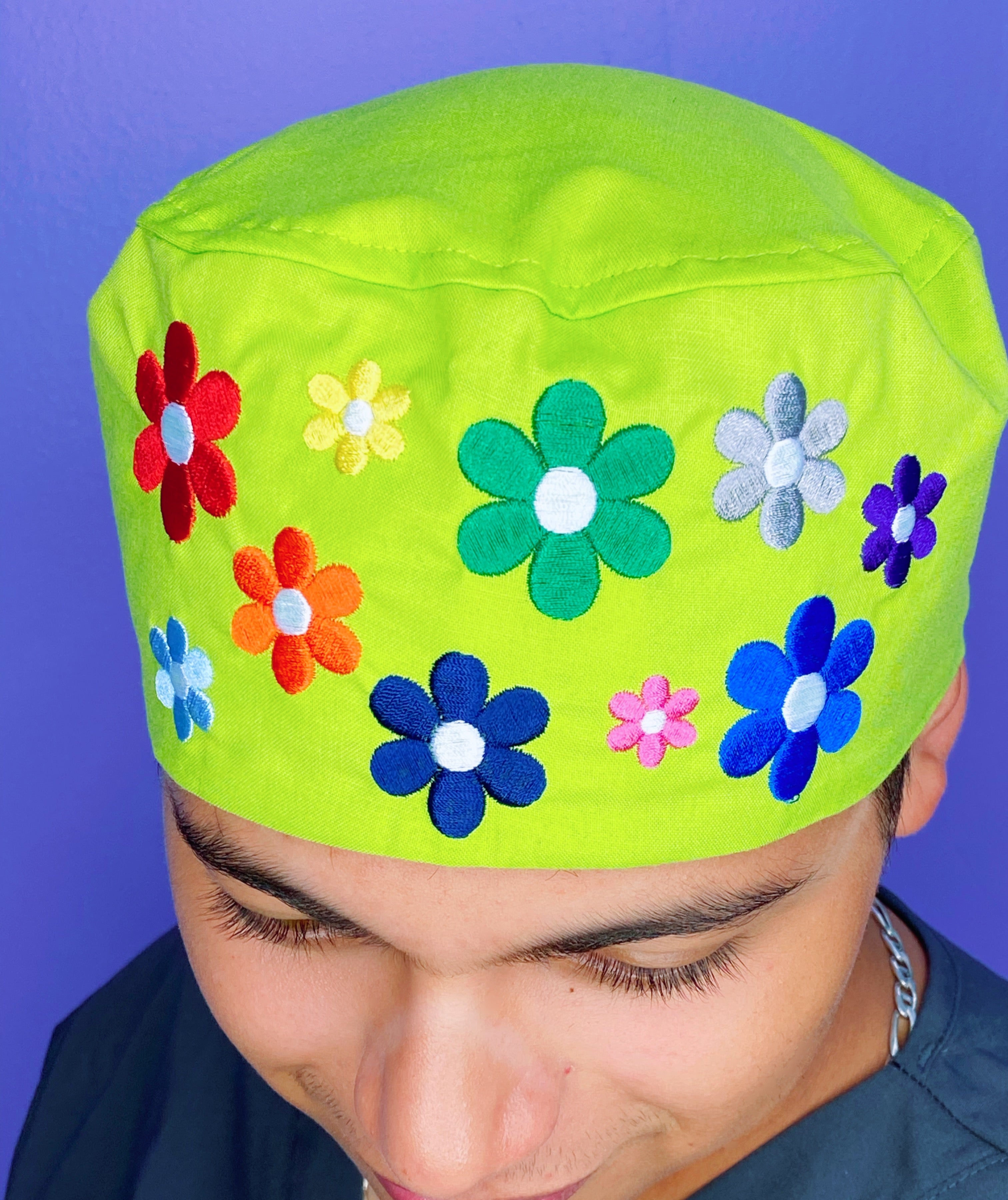 Cute Flowers Embroidered Custom Solid Color Unisex Scrub Cap