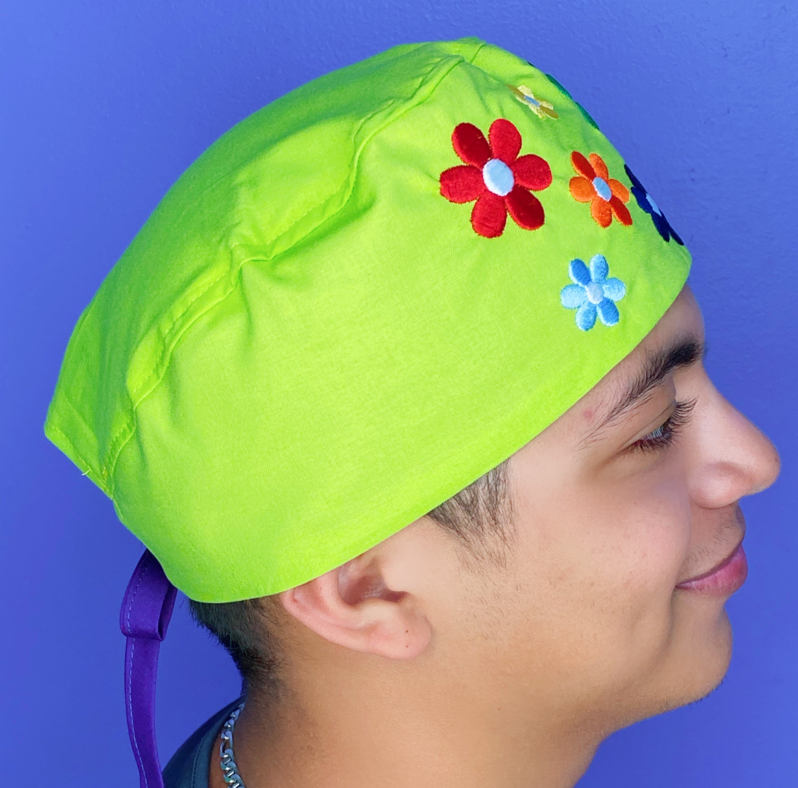 Cute Flowers Embroidered Custom Solid Color Unisex Scrub Cap