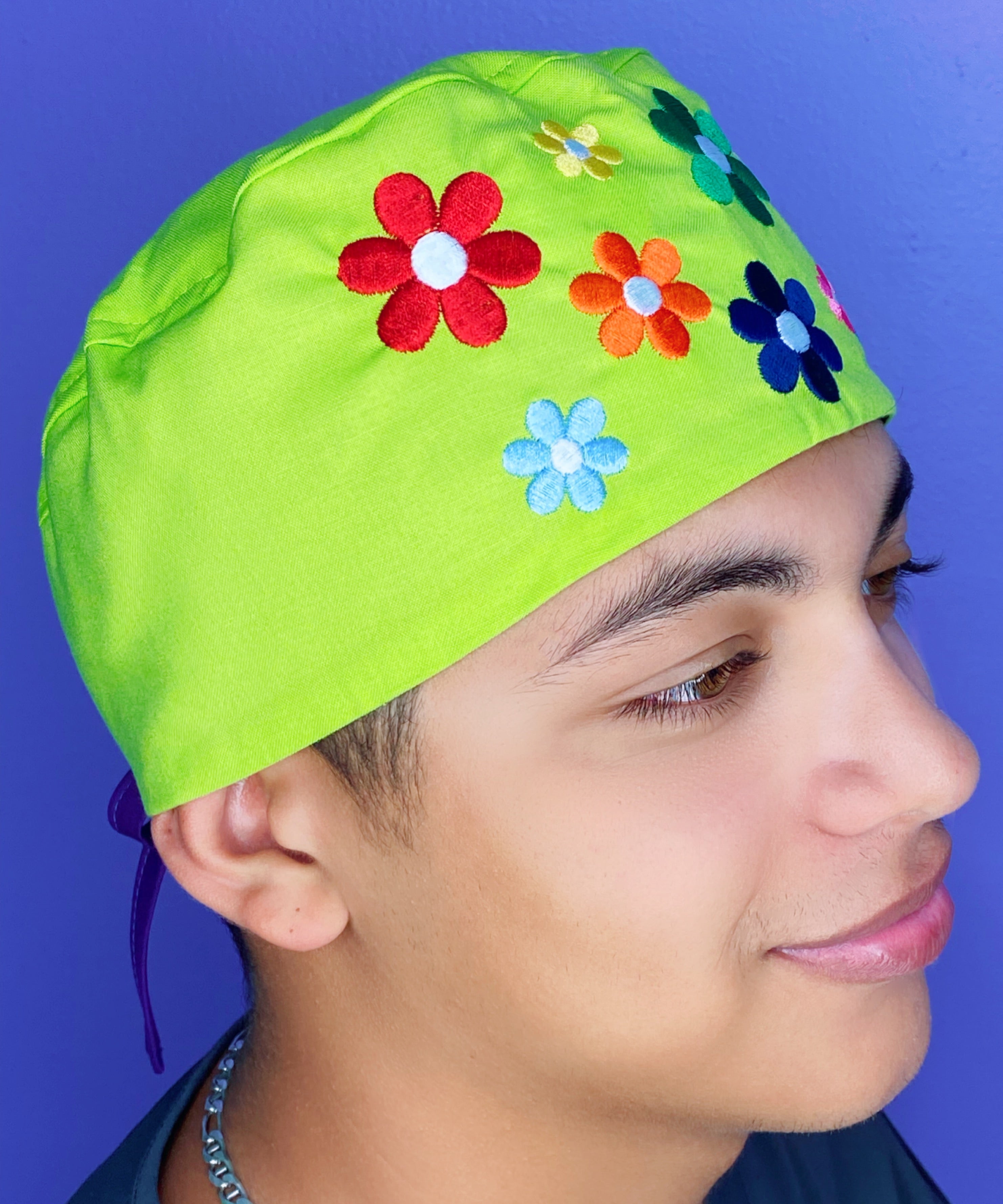 Cute Flowers Embroidered Custom Solid Color Unisex Scrub Cap