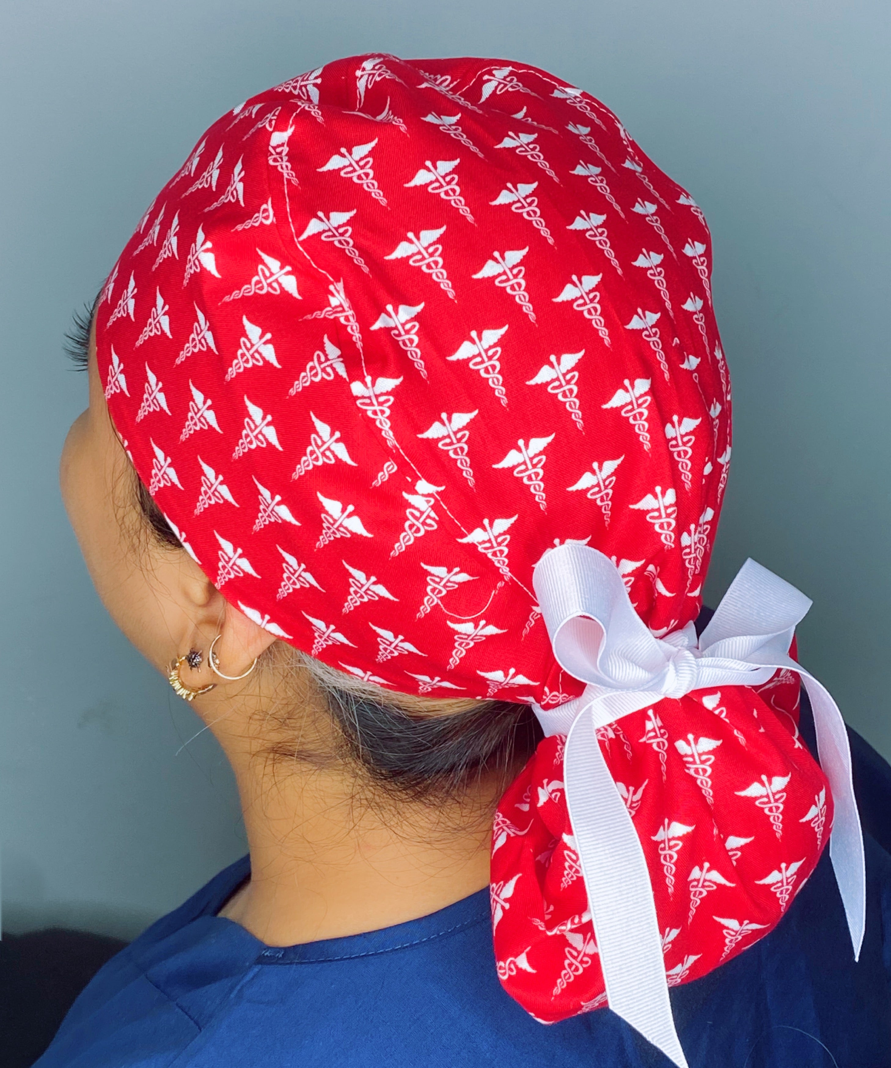 Medical Snake Symbol Caduceus on Red Medical Themed Ponytail