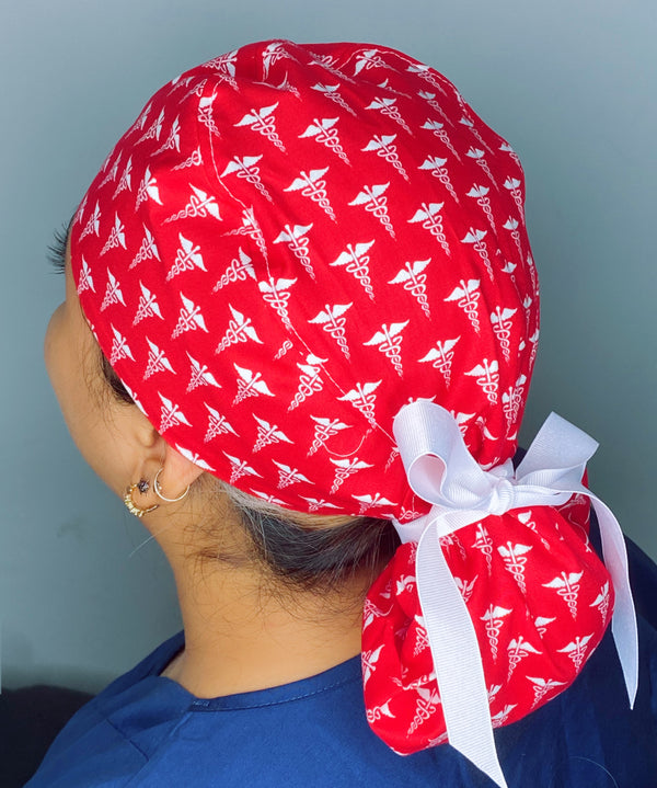 Medical Snake Symbol Caduceus on Red Medical Themed Ponytail