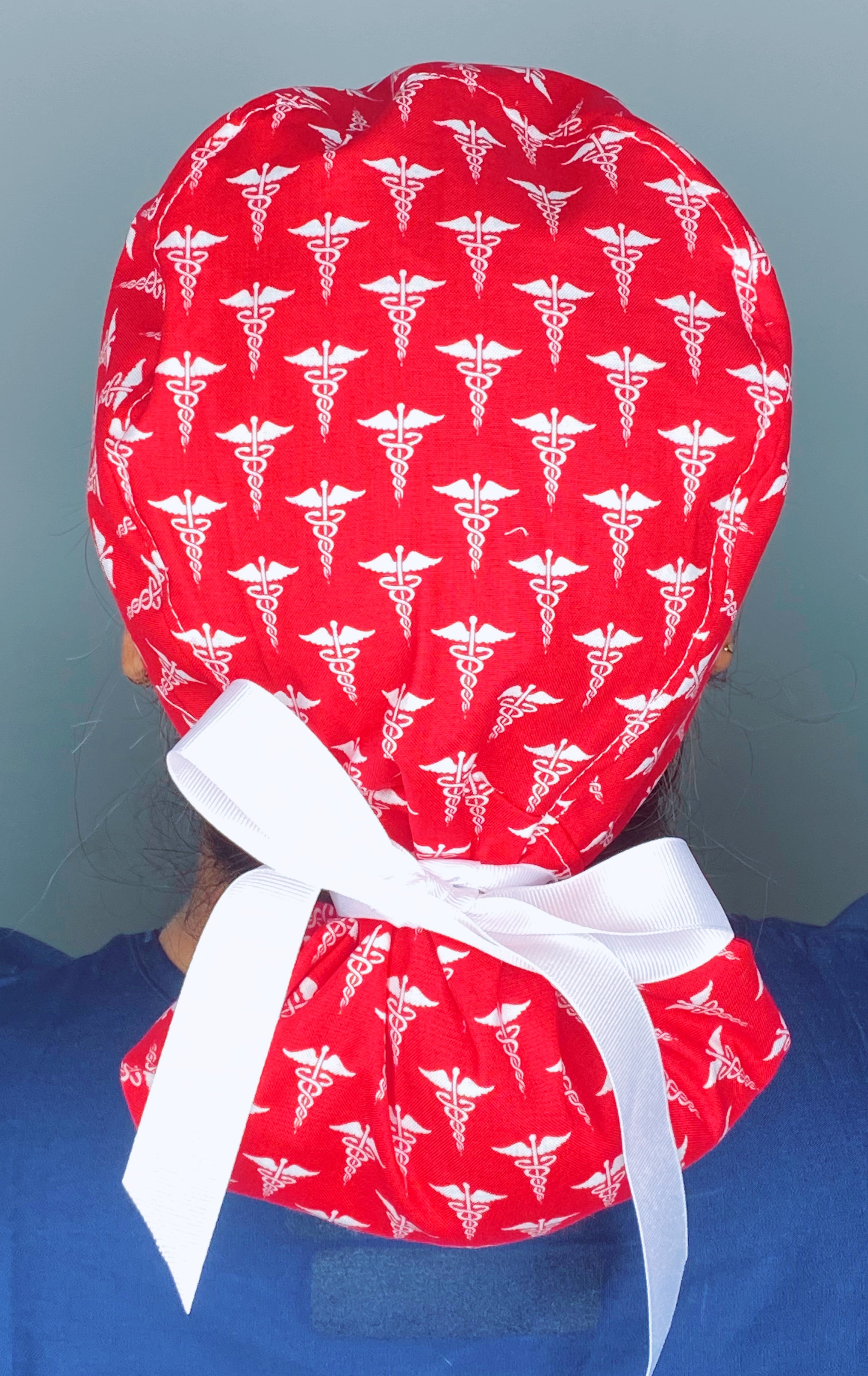 Medical Snake Symbol Caduceus on Red Medical Themed Ponytail