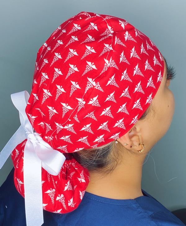 Medical Snake Symbol Caduceus on Red Medical Themed Ponytail