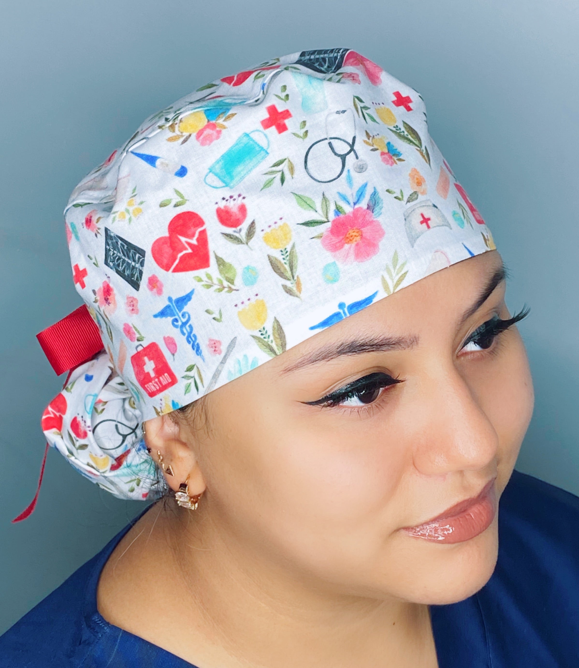 Floral Watercolor White Floral Medical Themed Design Ponytail